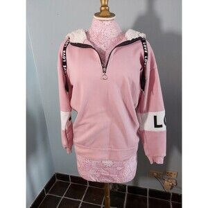 No Boundaries Women's Pink Plush Pullover Sherpa Hoodie Love Sequin Size L